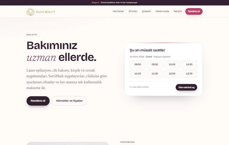 Duha Beauty Saloon web sitesi (duhabeautysalon.com) ana sayfa ekran görüntüsü